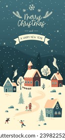 Cute hand drawn seamless Winter landscape with happy people playing, Vector banner winter wonderland 