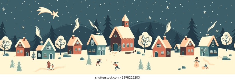 Cute hand drawn seamless Winter landscape with happy people playing, horizontal seamless vector banner winter wonderland 