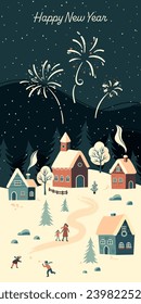 Cute hand drawn seamless Winter landscape with fireworks, happy people playing, Vector banner winter wonderland 