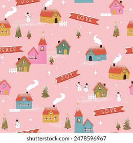 Cute hand drawn seamless Winter landscape with cute houses, trees and snow, vector design