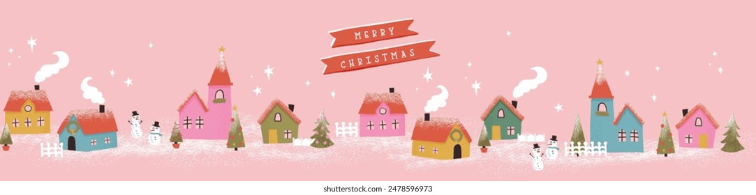 Cute hand drawn seamless Winter landscape with cute houses, trees and snow, Vector horizontal banner winter wonderland 