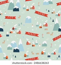 Nette handgezeichnete nahtlose Winterlandschaft mit niedlichen Häusern, Bäumen und Schnee, Vektorgrafik Design