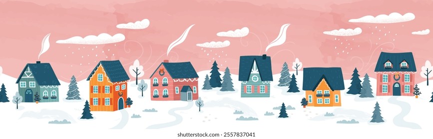 Cute hand drawn seamless Winter landscape, windy, cute houses and trees - vector horizontal banner winter wonderland 