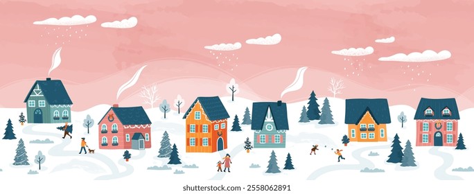 Cute hand drawn seamless Winter landscape, windy, cute houses and trees - vector horizontal banner winter wonderland