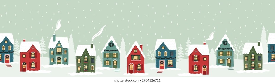 Cute hand drawn seamless Winter landscape with cute houses and trees, Vector horizontal banner winter wonderland 