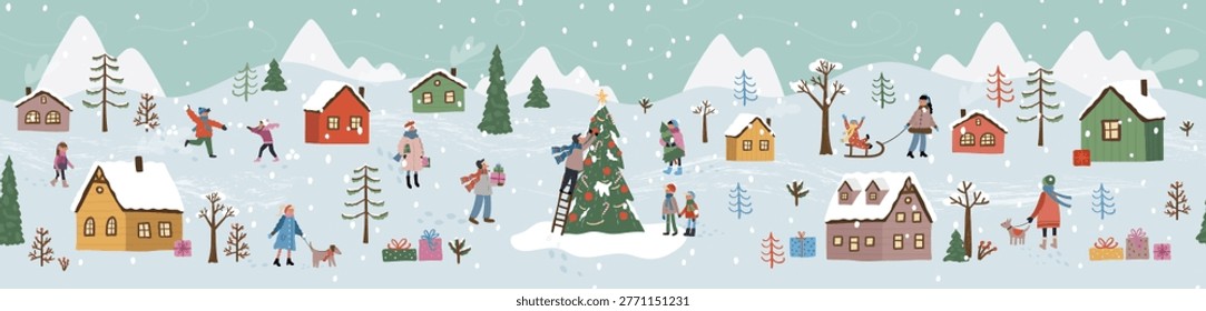 Cute hand drawn seamless Winter landscape with happy people playing, decorating a christmas tree walking, Vector horizontal banner winter wonderland 