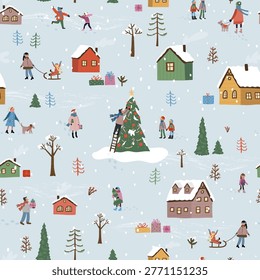 Cute hand drawn seamless Winter landscape with happy people playing, decorating a christmas tree walking, Vector horizontal banner winter wonderland 