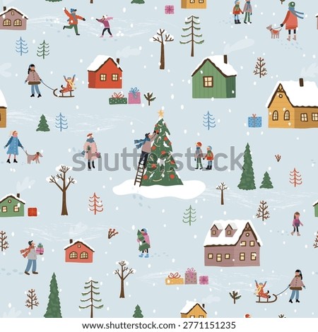 Cute hand drawn seamless Winter landscape with happy people playing, decorating a christmas tree walking, Vector horizontal banner winter wonderland 