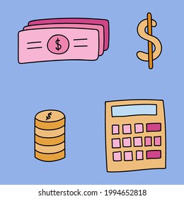 Klar handgezeichnet über Geld, Finanzen, Geschäft. Farbige Vektorgrafiken im Stil von Clipart einzeln auf Hintergrund. Objekt mit handgezeichnet doodle Umriss.