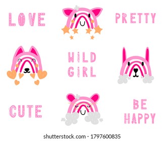 Cute hand drawn set of baby rainbow in scandinavian style. Cartoon rainbow animal face. Doodle vector illustration for posters, baby birthday, cards, t-shirts. Colorful nordic baby clipart.