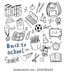 Cute hand drawn set of Back to school in doodle style. Great for textile fabric design, wrapping paper, banner, posters, cards, stickers, professional design and website wallpapers. 