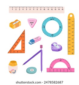 Cute hand drawn set of back to school stationery in cartoon style. Clipart collection of long, circle, triangle rulers, protractor, compass, erasers, sharpeners. School supply for study and work.