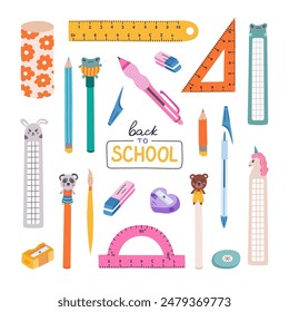 Cute hand drawn set of back to school stationery in cartoon style. Collection of rulers, protractor, compass, erasers, sharpeners, ballpoint pen, bookmarks. School supply for study, draw and work.