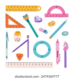 Cute hand drawn set of back to school stationery in cartoon style. Collection of rulers, protractor, compass, erasers, sharpeners, different pen. School supply for studying, drawing and working.