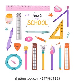 Cute hand drawn set of back to school stationery in cartoon style. Collection of rulers, protractor, compass, erasers, sharpeners, ballpoint pen, bookmarks. School supply for study, draw and work