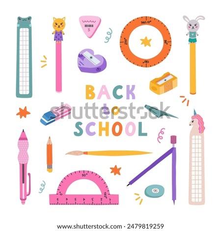 Cute hand drawn set of back to school stationery in cartoon style. Collection of rulers, protractor, compass, erasers, sharpeners, ballpoint pen, bookmarks. School supply for study, draw and work