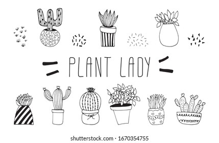 Cute hand drawn set of cactus pots. Doodle vector illustration house plants for wedding design, logo and greeting card. Isolated on white background.