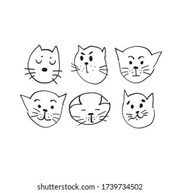 Cute hand drawn set with cats in various mood muzzles. Sketch or doodle style flat vector illustration on isolated background.