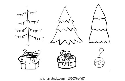 Cute hand drawn set of Christmas, New Year's gifts and a set of Christmas trees for decoration. Doodle vector illustration.