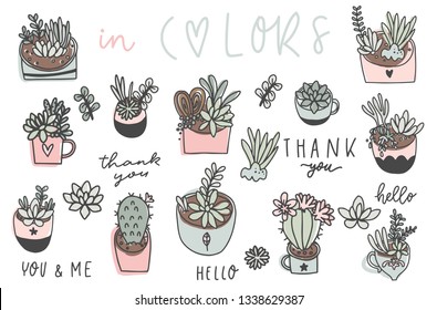 Cute hand drawn set of different cactus, succulents. Pretty and soft pastel colors. Vector illustration