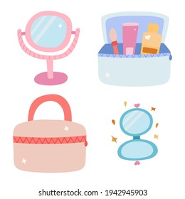 Cute hand drawn set with different mirrors (closing double, retro) and cosmetic bags with beauty products and cosmetics in it. Vector Stylized clipart set about skin, body, hair care.