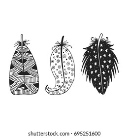 Cute hand drawn set of different feathers. Bird feather collection in doodle style. Vector illustration.