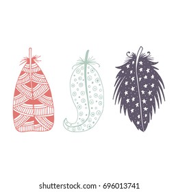 Cute hand drawn set of different feathers. Bird feather collection in doodle style. Vector illustration.