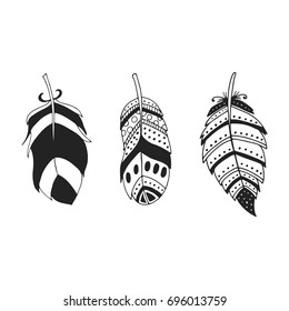 Cute hand drawn set of different feathers. Bird feather collection in doodle style. Vector illustration.