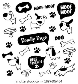 
Cute hand drawn set of doodle dogs, dog paws and bones.