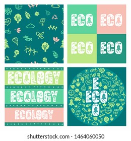 Cute hand drawn set with eco decorative elements (recycle, solar panels, leaf, sun, sea, energy). Doodle cartoon paintings in white word ECOLOGY on green and pink background. Seamless pattern in green