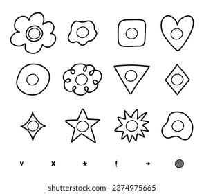 Cute hand drawn set with empty checkboxes with check and cross marks. Checkboxes in shape of flower, star, heart, circle, cloud. V, X, yes, no, ok, arrow, exclamation point, star sign bullet journal.