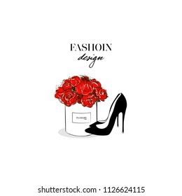 Cute hand drawn set with fashion stickers: beautiful red flowers box and black shoes. Fashion design. Stylish stickers collection. Sketch. Perfect for logo, logotype, invitation, greeting card, poster