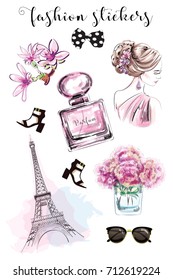 Cute hand drawn set with fashion stickers: beautiful woman, perfume bottle, flowers, shoes, eiffel tower and sunglasses. Stylish stickers collection. Sketch. 