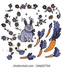 Cute hand drawn set of flowers, carrots and hare. Colorful doodle vector illustration. Create your  gardening design. Great for greeting cards, patterns, invitations, decoration of social media.