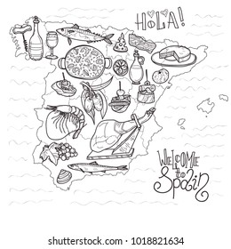 Cute hand drawn set of food and wine of Spain. Welcome to Spain collection