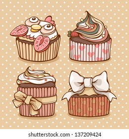 Cute hand drawn set of four cupcakes in retro colors.
