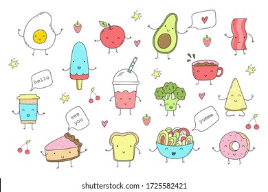 Cute hand drawn set with Funny Cartoon food. Vector kawaii food