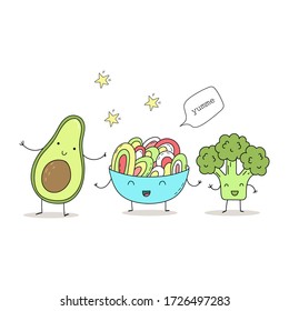 Cute hand drawn set with Funny Cartoon food. Vector kawaii food. avocado, broccoli.