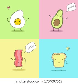 Cute hand drawn set with Funny Cartoon food. Vector kawaii food