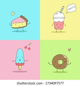 Cute hand drawn set with Funny Cartoon food. Vector kawaii food