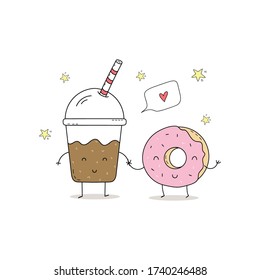 Cute hand drawn set with Funny Cartoon food. Vector kawaii food