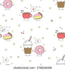 Cute hand drawn set with Funny Cartoon food. Vector kawaii food. Seamless pattern