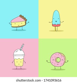Cute hand drawn set with Funny Cartoon food. Vector kawaii food