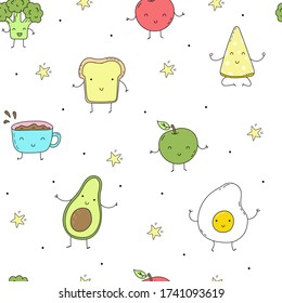Trato a mano con comida divertida de caricatura. Comida vectorial kawaii. Patrón transparente