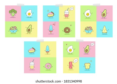 Cute hand drawn set with Funny Cartoon food. Vector kawaii food.  avocado, broccoli, etc