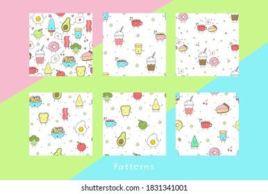 Kleines handgezeichnetes Set mit Funny Cartoon Food. Vektor kawaii Essen. Nahtloses Muster