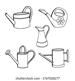 Cute hand drawn set of garden watering cans and jug. Black and white vector image. Isolated on white background