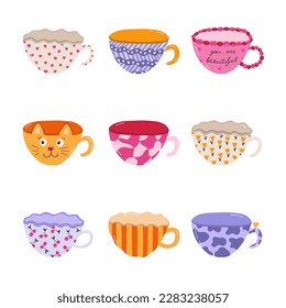 Cute hand drawn set of handmade ceramic mugs with colorful patterns. Different tea cup and coffee mug for scandinavian kitchen. Vector clipart of morning crockery, cartoon cup porcelain tableware.