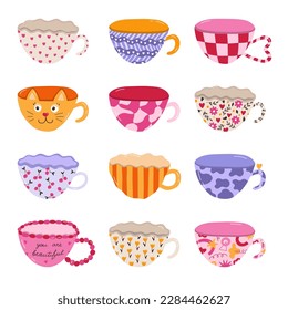 Cute hand drawn set of handmade ceramic mugs with colorful patterns. Different tea cup and coffee mug for scandinavian kitchen. Vector clipart of morning crockery, cartoon cup porcelain tableware.