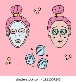 Ilustración de vector dibujada a mano sobre el cuidado de la belleza y los cosméticos con productos para el cuidado de la piel (máscara facial, pepino, hielo)